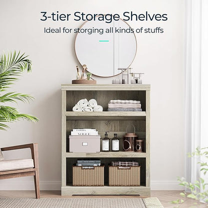LINSY HOME 3-Tier Bookcase and Bookshelf, Small Wood Display Storage Shelves Farmhouse Bookshelf for Home Office, Living Room, Bed Room - Washed Grey