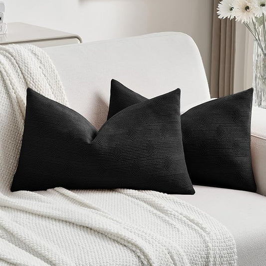 FUTEI Black Chenille Decorative Throw Pillow Covers 12x20 Inch Set of 2,Soft Cozy Striped Geometric Patterns Lumbar Pillow Cases,Modern Home Decor for Couch Bed Living Room