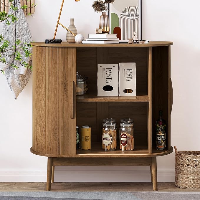 Small Sideboard Buffet Cabinet with Storage, Sliding Doors, 31" Wood Narrow Accent Storage Cabinet, Modern Buffet Table for Kitchen, Living Room (Walnut)
