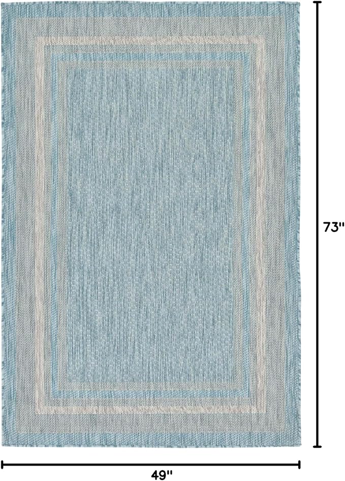 Unique Loom Outdoor Border Collection Area Rug - Soft Border (4' 1" x 6' 1" Rectangle, Aquamarine/ Ivory)