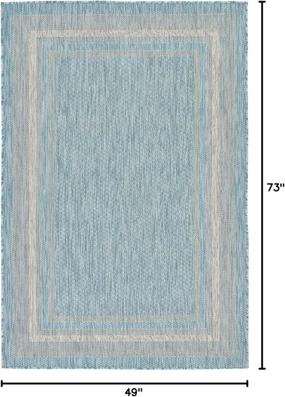 Unique Loom Outdoor Border Collection Area Rug - Soft Border (4' 1" x 6' 1" Rectangle, Aquamarine/ Ivory)