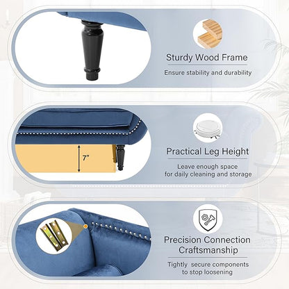 Christopher Knight Home Aurora Velvet Chaise Lounge Indoor with 2 Bolster Pillows, Upholstery Entryway Bench with Nailhead Trim & Curved Arms, End of Bed Bench Ottoman and Wooden Legs, Dark Blue