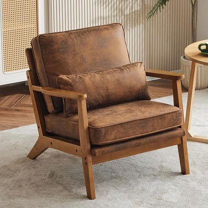 VINGLI Solid Wood Wide Armrests Accent Chair Set of 2,Upholstered Mid Century Modern Chair with Pillow,Farmhouse Arm Chair Comfy Reading Chair,Chairs Living Room,Bedroom,Guest Room,Suede,Rustic