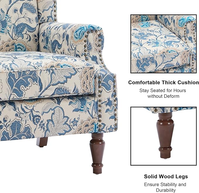 Accent Chair, Upholstered High Back Floral Armchair with Nailhead Trim & Wood Legs, Comfy Wingback Reading Single Sofa Chair for Small Spaces, Living Room, Bedroom-Boho Blue Floral, Set of 1