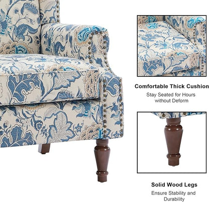 Accent Chair, Upholstered High Back Floral Armchair with Nailhead Trim & Wood Legs, Comfy Wingback Reading Single Sofa Chair for Small Spaces, Living Room, Bedroom-Boho Blue Floral, Set of 1