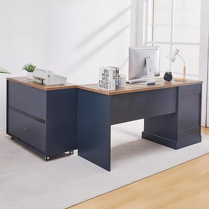 60" L-Shaped Executive Desk with 40" File Cabinet,Farmhouse Home Office Desk with Charging Station,Wood Computer Desk Set for Office Work,Home Study (Blue)