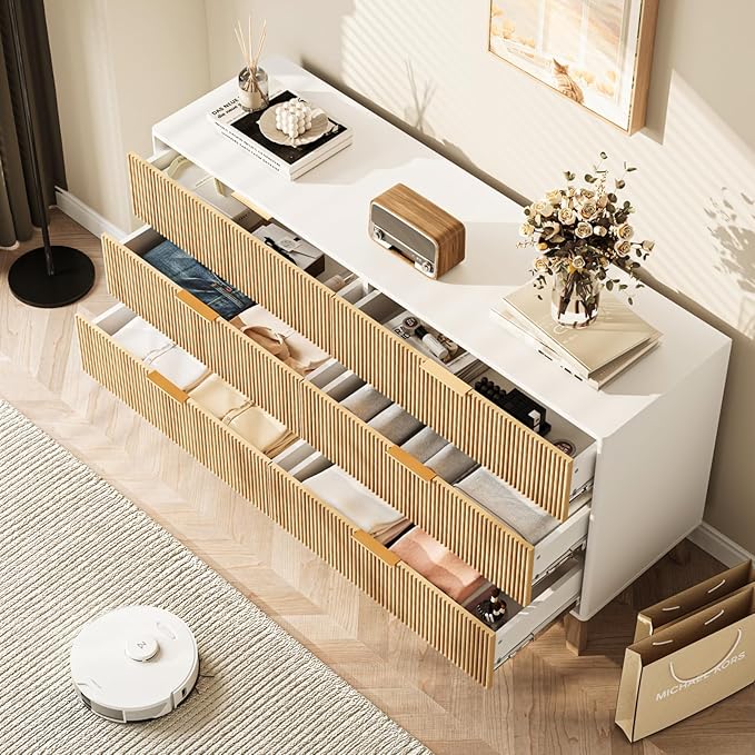 6 Drawer Dresser, 53.43 Inch Fluted Wood Double Dresser with Metal Handles Curved Design Wide Storage Organizer Cabinet Mid Century Modern Chest Dressers for Bedroom Living Room Entryway