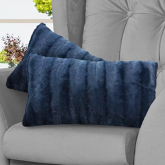 Cheer Collection Faux Fur Throw Pillows - Decorative Pillows for Couch, Bed Throw Pillows, Blue Accent Pillows for Bedroom or Living Room Aesthetic, Set of 2 Furry Throw Pillows, 12" x 20"