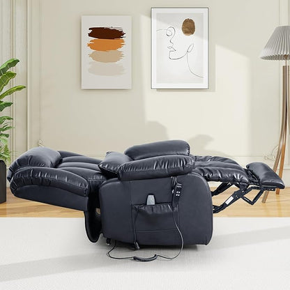 EDILLY Large Reclining Lift Chair, Dual Motor Massage Chair, Genuine Leather Recliner with Heating and Massage for Seniors, with Double Lumbar Cushion and Extended Footrest, USB Port(Blue)