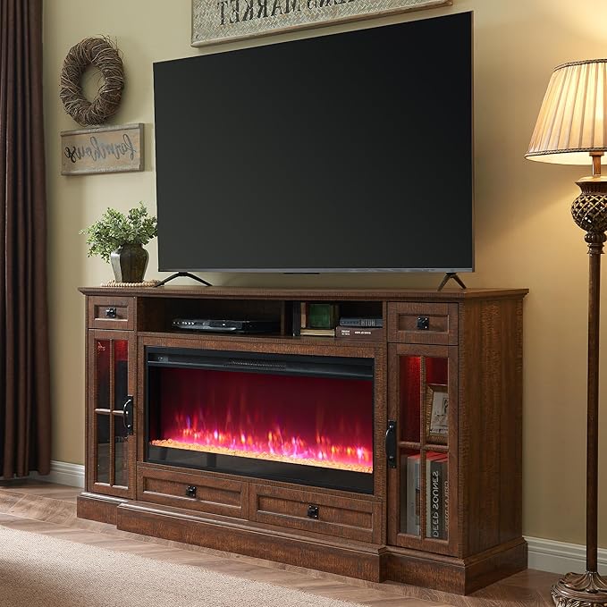 OKD Fireplace TV Stand for 80 Inch TV, Farmhouse Entertainment Center with 42" Fireplace & LED Lights, Modern Media Console Table with Storage Drawers & Cabinets for Living Room, Reclaimed Barnwood