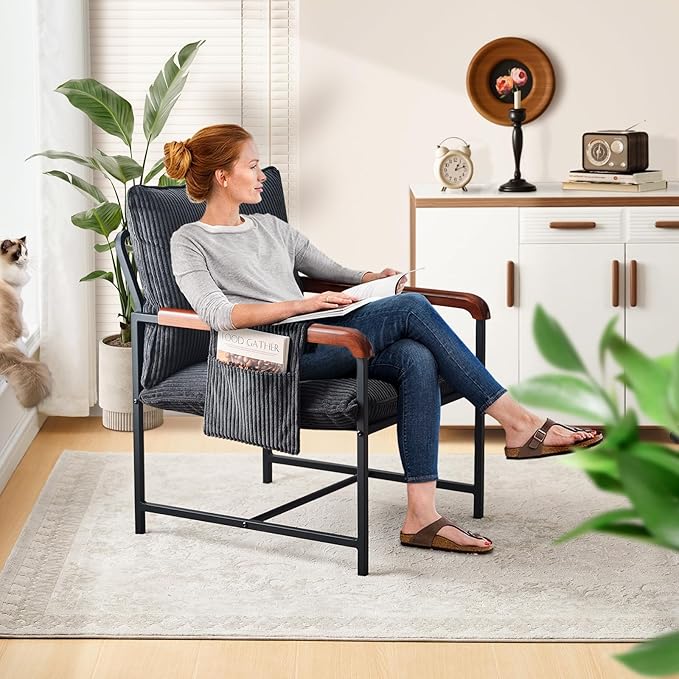 CLIPOP Accent Chair with Corduroy Fabric, Wood Armrests, Removable Cover, Side Pocket, Comfortable Armchair for Living Room & Bedroom, Durable Comfy Reading Chair for Home Office, Black