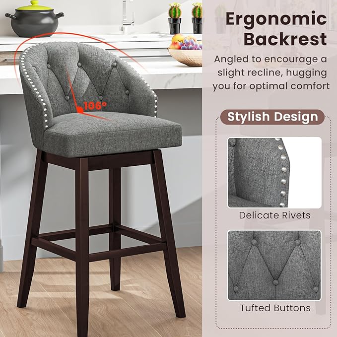 COSTWAY Bar Stools Set of 4, 31’’ Swivel Bar Stools with Rubber Wood Legs & Padded Back, Breathable Linen Fabric, Stylish Tufted Design & Rivet Decoration, Adjustable Foot Pads (4, Grey + Brown)