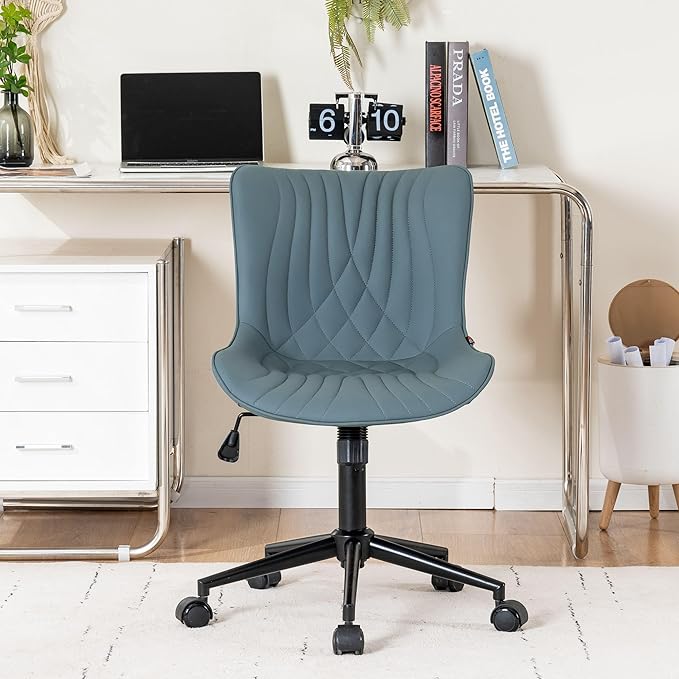 YOUNIKE Office Chair Armless Desk Chair with Wheels, Home Office Computer Task Chair, Modern Faux Leather Upholstered Vanity Chair, Adjustable Swivel Rolling Office Chairs, Greyishgreen