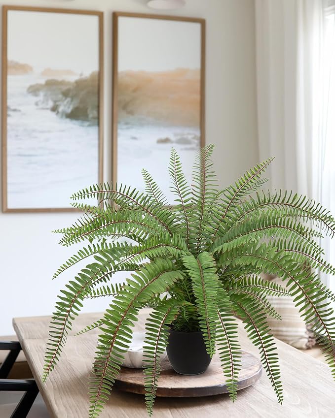 Hollyone Large Artificial Fern Potted Plant for Outdoors Indoors Lifelike Faux Boston Fern Artificial Plants in Black Pot for Garden Patio Home Farmhouse Windowsill Office Decoration