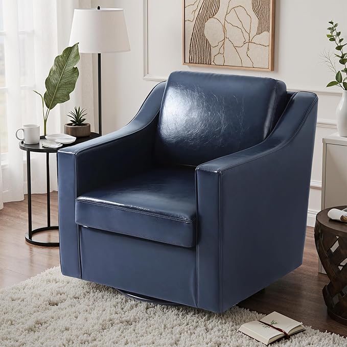 UIXE Faux Leather Swivel Accent Chair, Upholstered Arm Chair for Living Room, Modern Club Armchair Comfy Single Sofa Bedroom Reading Seat with Lumbar Pillow - Navy Blue