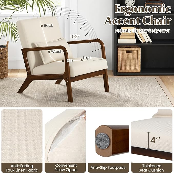 KOMFOTT Mid-Century Modern Accent Chair, Indoor Living Room Leisure Chair with Cushioned Seat & Back, Upholstered Armchair with Rubber Wood Frame & Lumbar Pillow, Lounge Chair for Bedroom, Beige