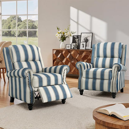 Lumibee Recliner Chairs, 2 Set Pushback Armchairs for Small Spaces,Adjustable Backrest & Footrest Accent Chairs in Comfy Fabric for Living Room, Bedroom-Striple Navy