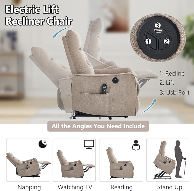 PELUMY Manual Lift Recliner Chair with Massage and Heat for Elderly, Single Motor Electric Lift Chair, Heavy Duty Recliner with USB Charging & Side Pockets (Chenille, Khaki)