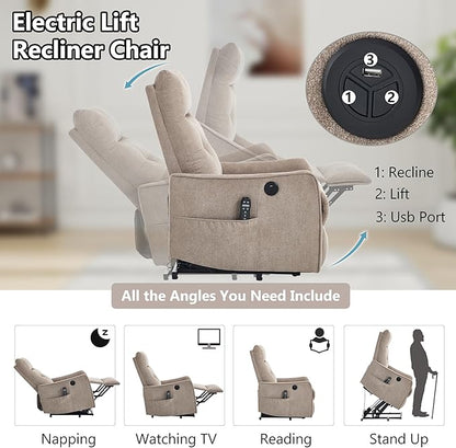 PELUMY Manual Lift Recliner Chair with Massage and Heat for Elderly, Single Motor Electric Lift Chair, Heavy Duty Recliner with USB Charging & Side Pockets (Chenille, Khaki)