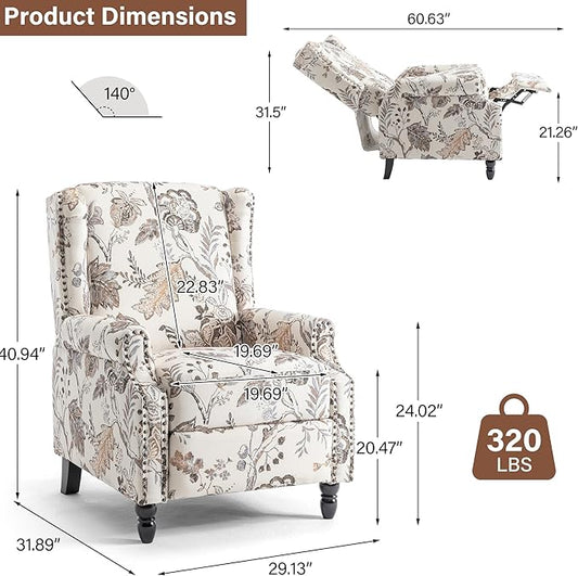 Pushback Recliner Chair, Floral Fabric Wingback Recliner Chair, Upholstered Armchair Push Back Recliner, Rivet Trim Single Sofa Accent Chair with Wood Legs for Living Room, Plants Beige