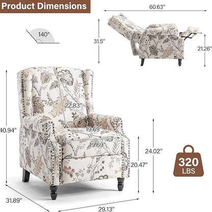 Pushback Recliner Chair Set of 2, Floral Fabric Wingback Recliner Chair, Upholstered Armchair Push Back Recliner, Rivet Trim Single Sofa Accent Chair with Wood Legs for Living Room, Plants Beige