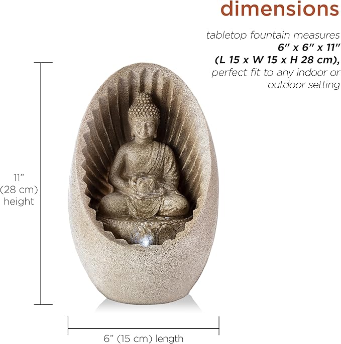 Alpine Corporation WIN322 Indoor/Outdoor Tabletop Buddha Fountain with LED Lights, Soothing Buddha Garden Fountain 11", Beige