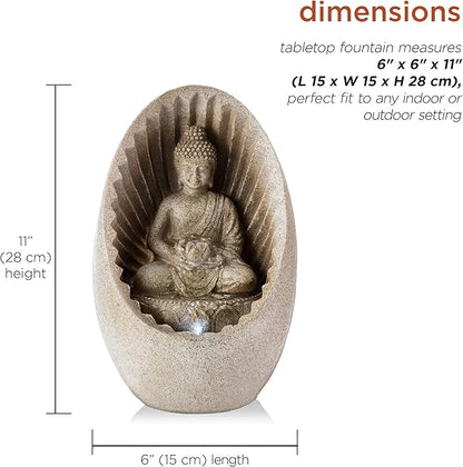 Alpine Corporation WIN322 Indoor/Outdoor Tabletop Buddha Fountain with LED Lights, Soothing Buddha Garden Fountain 11", Beige