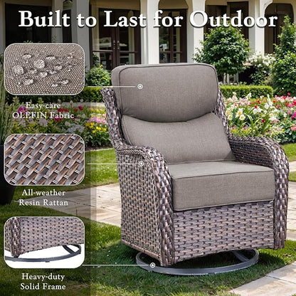Luxury High Back Outdoor Furniture with 6-inch Extra Thick Cushions, Patio Furniture Set with Fire Pit Table & Swivel Chairs, 7 PCS Wicker Conversation Set for Yard, Deck, Poolside, Brown/Grey