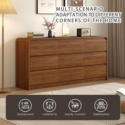 9 Drawer Dresser For Bedroom 63 Inch Wood Chest of Drawers - Curved Anti Collision, Mid Century Dresser For Closet with Natural Texture & Pre-Embedded Slots for TV Stand, Living Room, Nursery