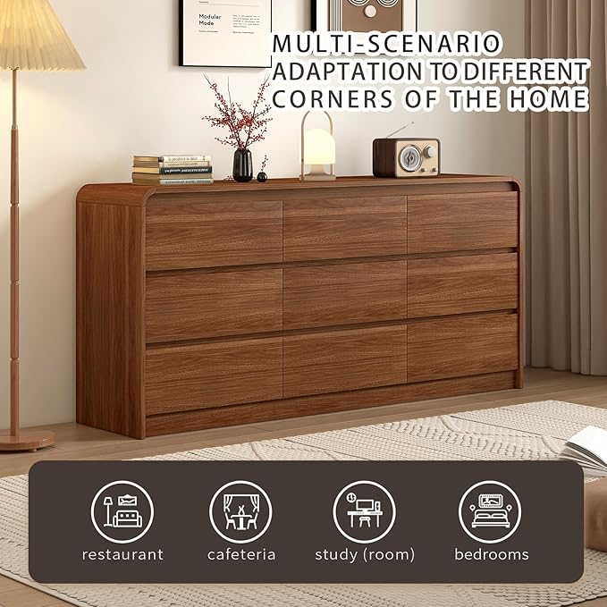 9 Drawer Dresser For Bedroom 63 Inch Wooded Chest of Drawers - Curved Anti Collision, Mid Century Dresser For Closet with Natural Texture & Pre-Embedded Slots for TV Stand, Living Room, Hallway