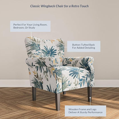 BELLEZE Modern Accent Chair, High Back Armchair, Upholstered Wingback Side Chair, Padded Single Sofa with Wooden Legs for Living Room, Bedroom - Green Blue Floral