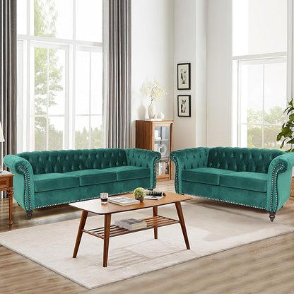 Velvet Loveseat Sofa, Mid Century Modern Upholstered Couch, 62" Oversized Comfy 2 Seater Love Seat Couch with Cushions, Tufted Chesterfield Sofa for Living Room, Bedroom, Apartment (Green)