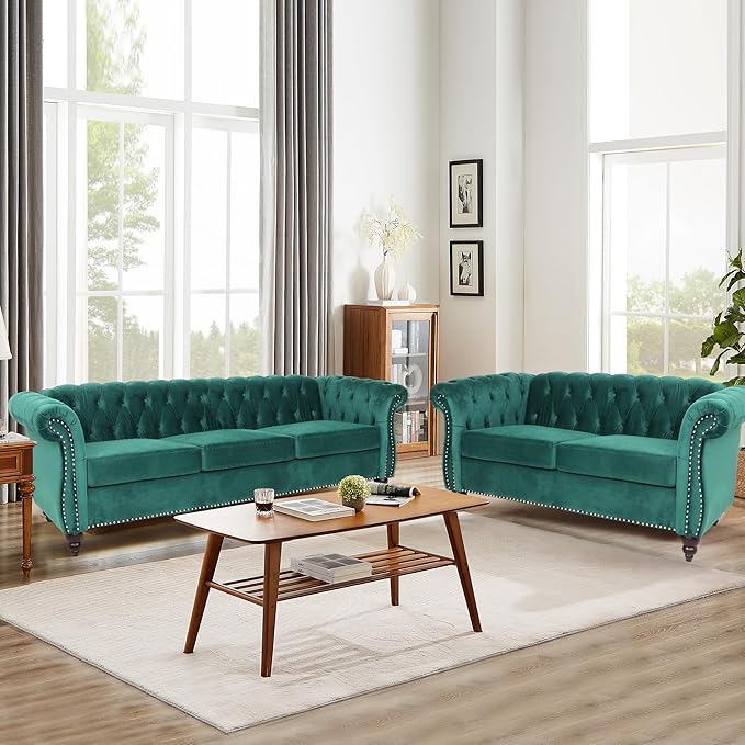 Living Room Velvet Sofa and Loveseat set, Mid Century Modern Upholstered Couch with Cushions, 2-Piece Home Sofa Furniture Sets, Comfy Tufted Chesterfield Couches for Living Room, Bedroom, Office