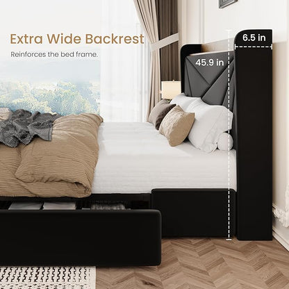 SHA CERLIN Full Size Bed Frame with 3 Drawers, USB & Type-C Charging Ports, Velvet Upholstered Platform Bed with Modern Geometric Wingback Storage Headboard, No Box Spring Needed, Easy Assembly, Black