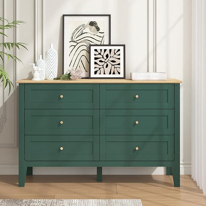 6 Drawers Green Dresser for Bedroom, 47" Wide Wood Modern Chest of Drawers, Shaker Style, Modular Dresser TV Stand for Bedroom, Living Room, Hallway (Green)