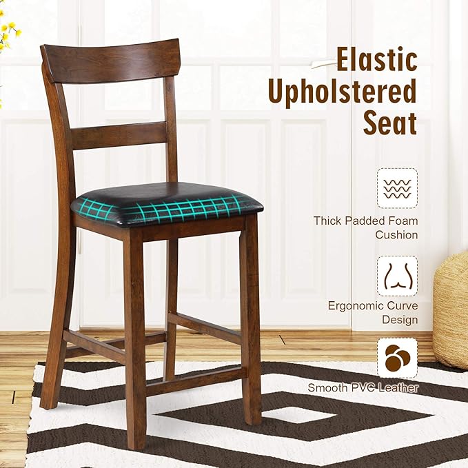 COSTWAY Counter Height Bar Stools Set of 2, 25.5 Inch Mid Century Modern Wooden High-top Chairs with Backrest, Rubber Wood Legs, Faux Leather Seat, Farmhouse Barstools for Kitchen Island, Pubs