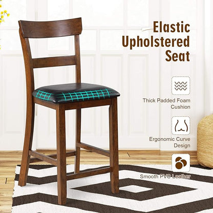 COSTWAY Counter Height Bar Stools Set of 4, 25.5 Inch Mid Century Modern Wooden High-top Chairs with Backrest, Rubber Wood Legs, Faux Leather Seat, Farmhouse Barstools for Kitchen Island, Pubs