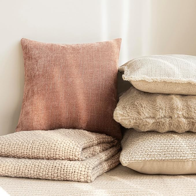 Foindtower Pack of 2 Soft Textured Chenille Throw Decorative Pillow Covers Square Accent Solid Cushion Cover Neutral Lumbar Pillow Case for Couch Sofa Bedroom Living Room 12x24 Inch,Dusty Pink