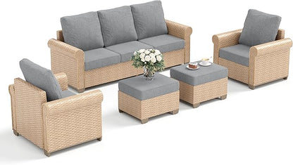 Patio Furniture Set 5 pcs, Wicker Rattan Outdoor Furniture with 5.5” Thick Cushions, 3-Seat Sofa, 2 Chairs and 2 Ottomans, Outdoor Conversation Set for Garden Backyard Deck, 7 Seats Grey