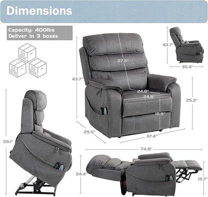 Power Lift Recliner Chair for Adults Elderly Lay Flat Velvet Recliners with Massage Heating, Extended Footrest, Wireless Charging Device, USB Ports, Cup Holder, Lumbar Pillow