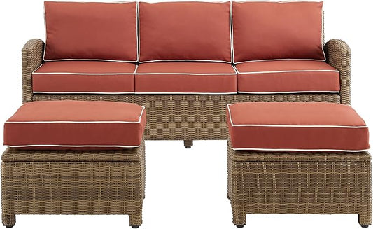 Crosley Furniture Bradenton 3-Piece Outdoor Sofa Patio Furniture Set, Wicker Conversation Sets for Porch, Brown with Sangria Cushions