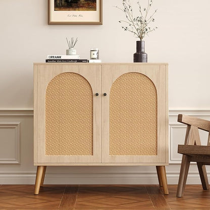 Rattan Storage Cabinet, 2-Door Boho Sideboard in Oak, Adjustable Shelf, Elegant Rattan Buffet Cabinet with Storage for Stylish Home Organization 31.5" Oak Set 2