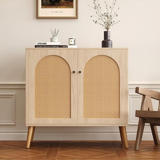 Rattan Storage Cabinet, 2-Door Boho Sideboard in Oak, Adjustable Shelf, Elegant Rattan Buffet Cabinet with Storage for Stylish Home Organization 31.5" Oak