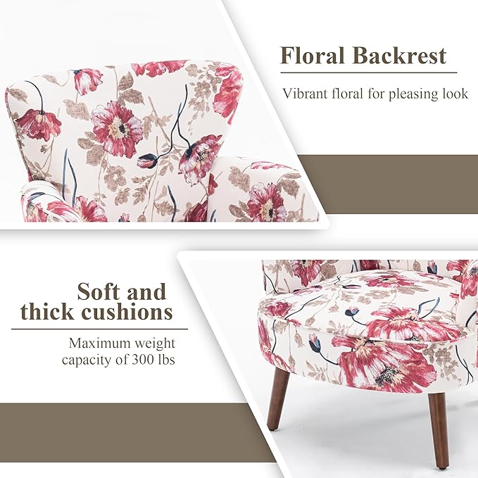 Floral Accent Chair Set of 2, Upholstered Living Room Chairs with Solid Wood Legs, Mid Century Modern Velvet High Back Armchair for Bedroom, Living Room, Pink