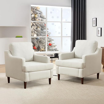 Mid-Century Accent Chair Modern Linen Fabric Armchair for Living Room,Deep Seat Comfy Upholstered Reading Chairs for Bedroom,Single Sofa Chair with Wood Legs (Linen Beige, Set of 2)