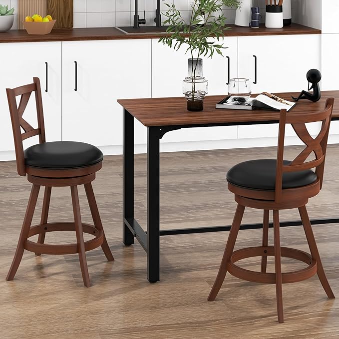 COSTWAY Bar Stools Set of 4, 24 Inch Classic Counter Height Chairs with X-Shaped Open Back, 4 PCS Swivel Barstool Set for Kitchen Island, Pub, Bistro, Café, Espresso (4, 24 Inch)