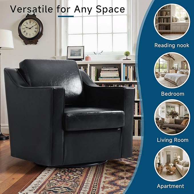 Pia Ricco 360° Swivel Accent Chair, Oversized Modern Faux Leather Armchair with Removable Cover for Living Room and Reception,Black