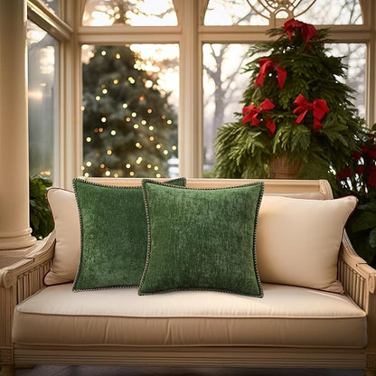 decorUhome Christmas Chenille Soft Throw Pillow Covers 18x18 Set of 2, Farmhouse Velvet Neutral Decorative Euro Fall Pillow Covers with Stitched Edge for Couch Sofa Bed Home Decor, Forest Elf