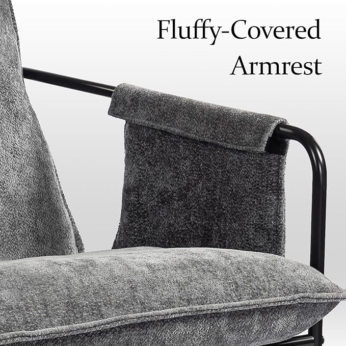 Modern Accent Chair Set of 2 Comfortable Living Room Chairs with Armrests, Bedroom Reading Chair, Chenille Upholstered Lounge Metal Chair