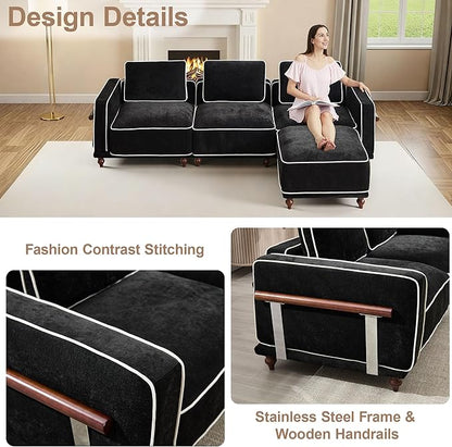 112" 3 Seater Cloud Couch with Ottoman,Modular Sectional L Shaped Sofa with Armrests Wooden Legs,Oversized Deep Seat Comfy Thicked Cushion Upholstered Sofa for Living Room Bedroom,Black